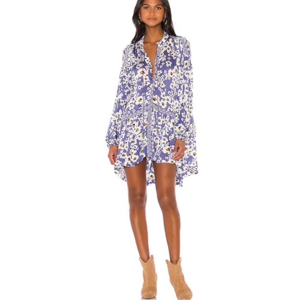 Free People Love Letter Tunic Rain Combo Blue White Floral Daisy Sheer Boho